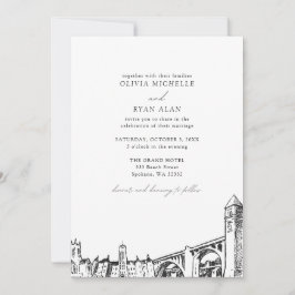 Invitación Moderno Spokane Skyline Boda blanco y negro