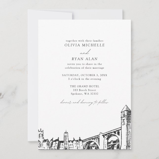 Invitación Moderno Spokane Skyline Boda blanco y negro (Anverso)