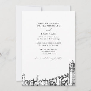 Invitación Moderno Spokane Skyline Boda blanco y negro