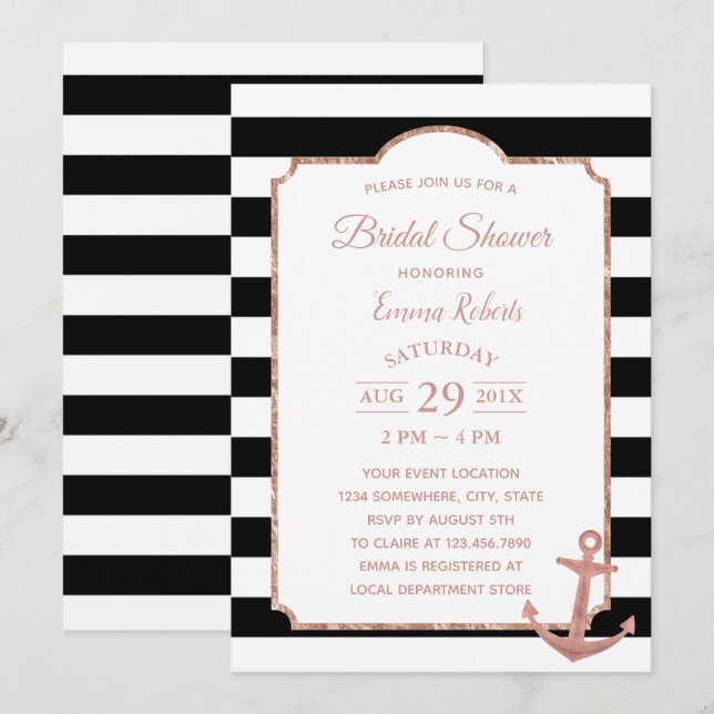 Invitación Moderno Stripes Rosa Ancla de oro Ducha de novia (Anverso / Reverso)