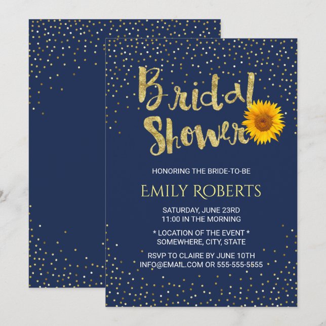 Invitación Moderno Sunflower Bridal Shower Navy Blue (Anverso / Reverso)
