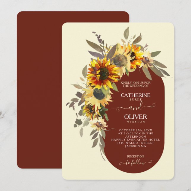 Invitación Moderno Sunflower Brown Yellow Cream Fall Wedding (Anverso / Reverso)
