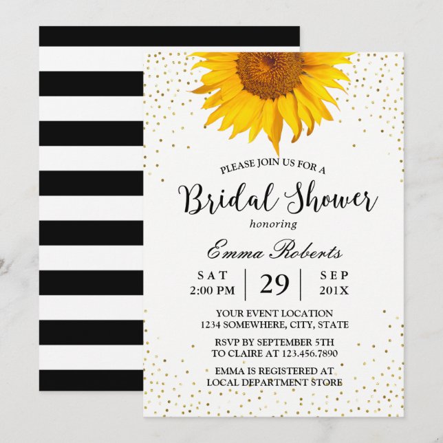 Invitación Moderno Sunflower Gold Confetti Dots Bridal Shower (Anverso / Reverso)