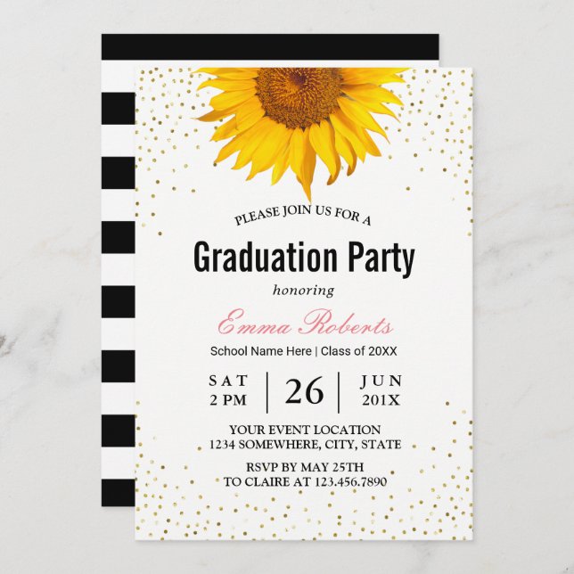 Invitación Moderno Sunflower Gold Confetti Dots Graduación (Anverso / Reverso)