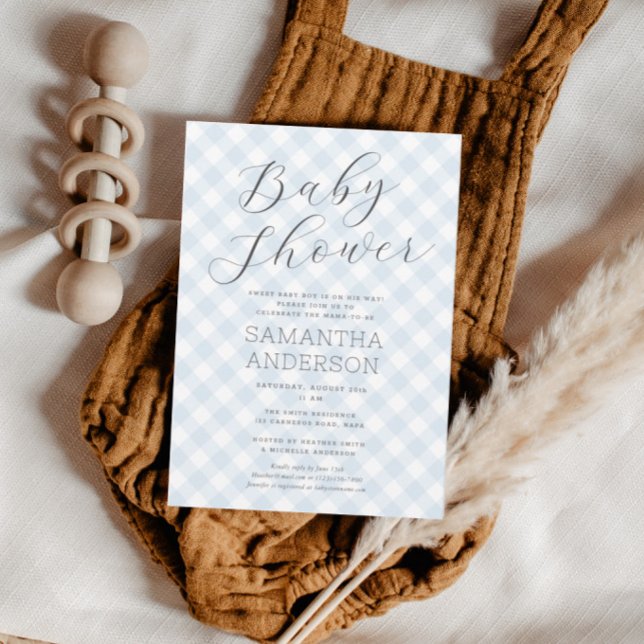Invitación Moderno + Sweet Blue Gingham Boy Baby Shower (Modern + Sweet Blue Gingham Boy Baby Shower Invitation)