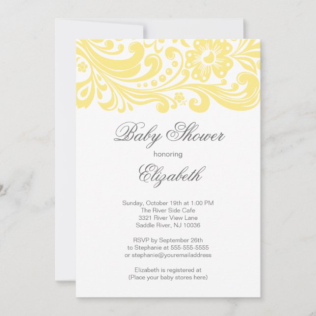 Invitación Moderno Swirl Floral Amarillo Blando Baby Shower (Anverso)