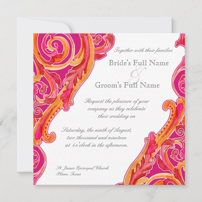 Invitación Moderno Swirl Flourish Heart Tangerine Hot Pink (Anverso)