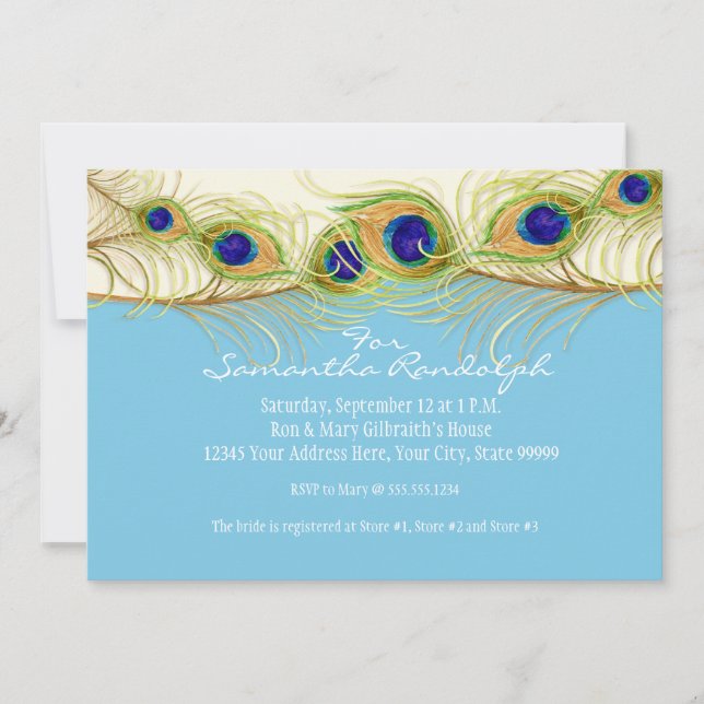 Invitación Moderno Swirl Peacock Feathers Bridal Shower Invit (Anverso)