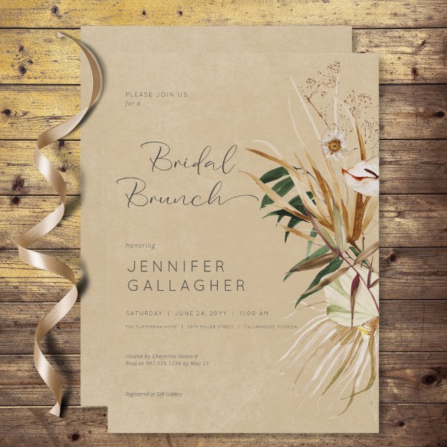 Invitación Moderno Tan Boho Dried Floral Bouquet Bridal Brunc (Modern Tan Boho Dried Floral Bouquet Bridal Brunch Invitation)