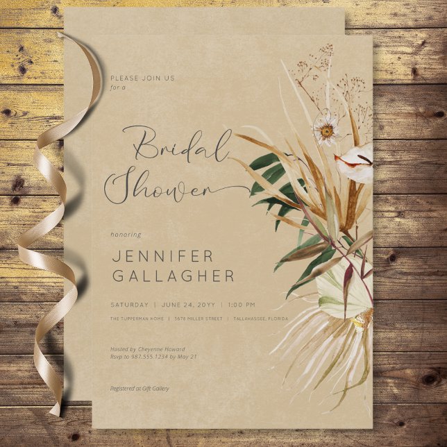 Invitación Moderno Tan Boho Dried Floral Bouquet Bridal Showe (Modern Tan Boho Dried Floral Bouquet Bridal Shower Invitation)