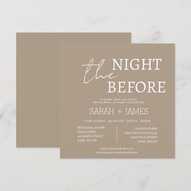 Invitación Moderno Taupe Blanco Ensayo Cena Boda Plaza (Anverso / Reverso)