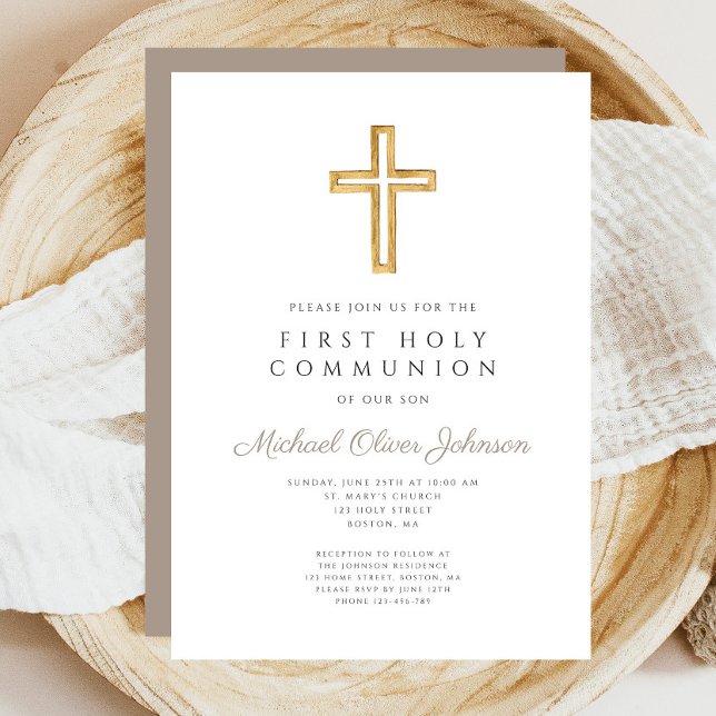 Invitación Moderno Taupe cruza la religión niño primera comun (Taupe Beige Cross Religious Boy First Invitation)