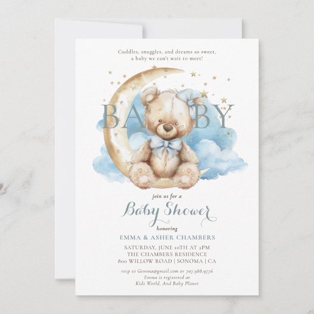 Invitación Moderno Teddy Bear Moon Stars Blue Baby Shower (Anverso)
