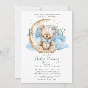 Invitación Moderno Teddy Bear Moon Stars Blue Baby Shower