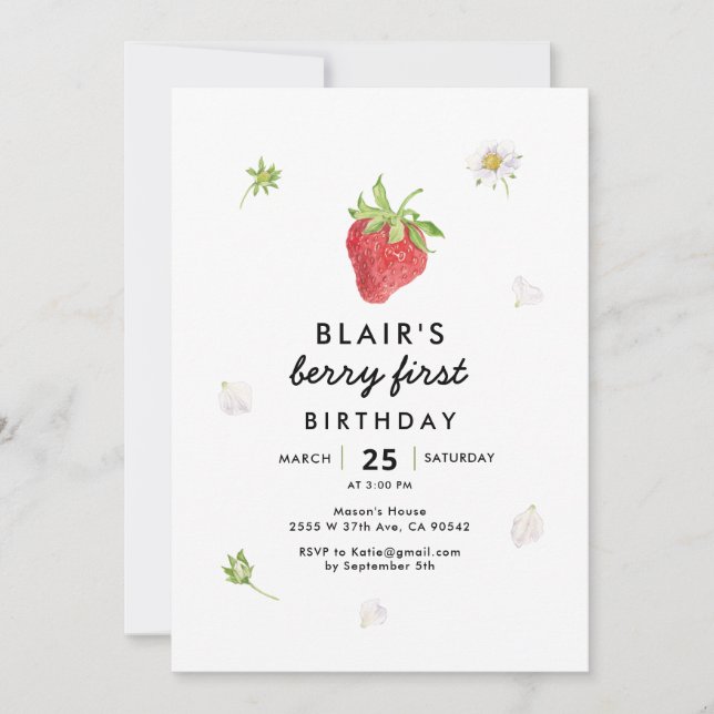 Invitación Moderno tema de fresa del primer cumpleaños de Ber (Anverso)