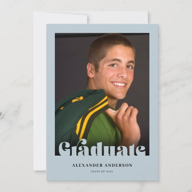 Invitación Moderno texto retro foto graduación azul (Anverso)