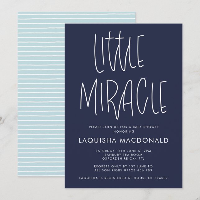 Invitación Moderno tipo Little Miracle Blue Baby Shower (Anverso / Reverso)