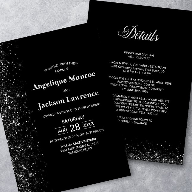 Invitación Moderno Todo En Un Boda Purpurina Negro (Subido por el creador)