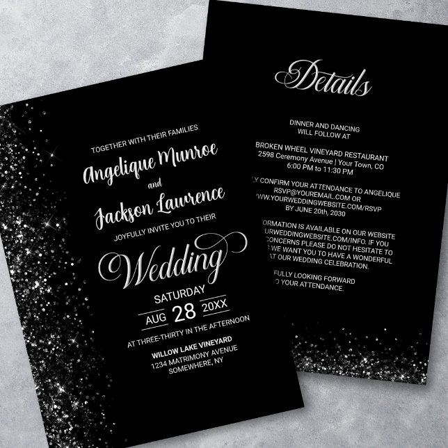 Invitación Moderno Todo En Un Boda Purpurina Negro (Subido por el creador)