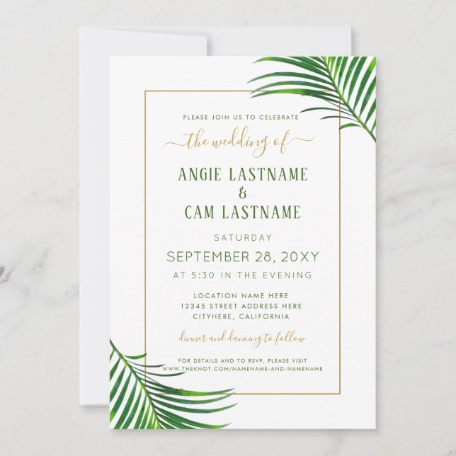 Invitación Moderno Tropic Palm Leaf Green y Gold Boda (Anverso)