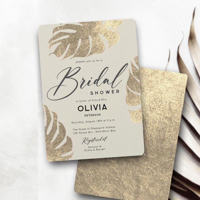 Invitación Moderno Tropical Gold Elegante Foliage Bridal Duch (tropical bridal shower invitation gold leaf monstera ecru ivory luxury modern elegant boho)