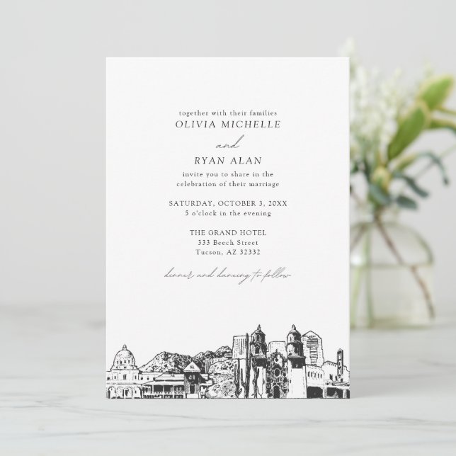 Invitación Moderno Tucson Skyline Black & White Boda (Anverso de pie)