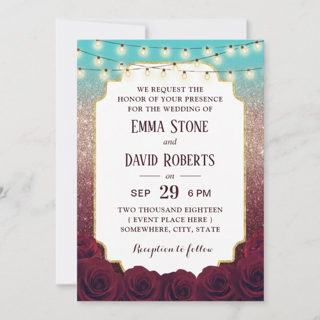 Invitación Moderno Turquesa Borgoña Rosa Ombre Boda (Anverso)