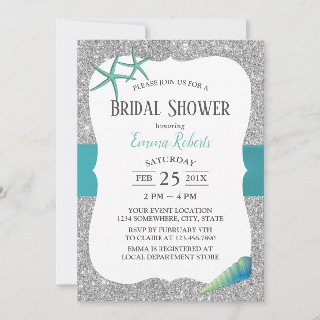 Invitación Moderno Turquesa Starfish Silver Bridal Shower (Anverso)