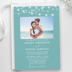 Invitación Moderno Turquoise Blue String Lights Photo Boda