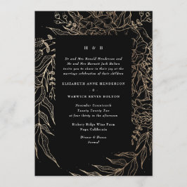 Invitación Moderno Tuxedo negro Golden Pampas Monograma Wreat
