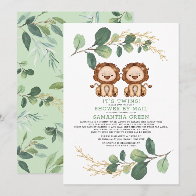 Invitación Moderno Twin Lion Greenery Gold Baby Shower por co (Anverso / Reverso)