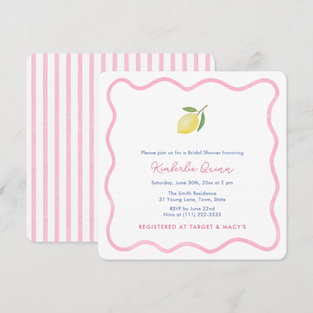 Invitación Moderno verano rosa Wavy Frontera Lemon Bridal Duc (Anverso / Reverso)