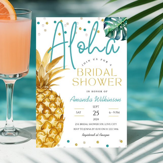 Invitación Moderno verano tropical Aloha o ducha de novias Lu (Modern Tropical Aloha Summer or Luau Bridal Shower Invitation)