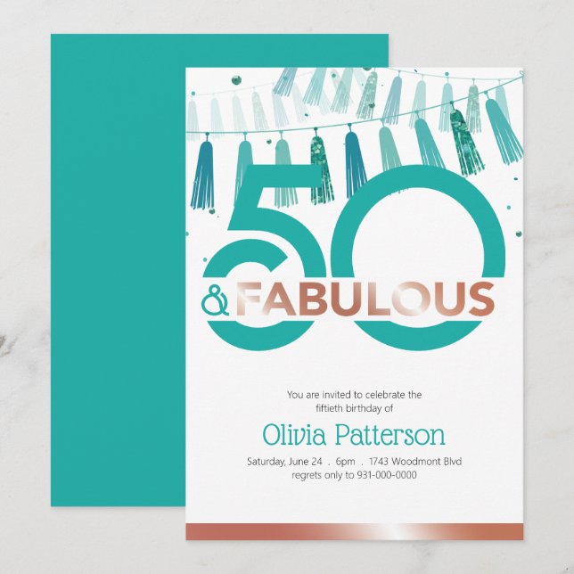 Invitación Moderno Verde azulado 50 y fabuloso 50 cumpleaños (Anverso / Reverso)