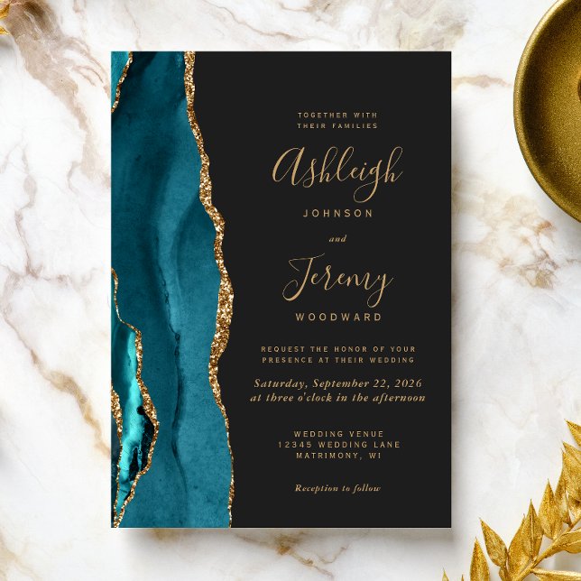 Invitación Moderno Verde azulado Agate de Oro Boda oscuro (Subido por el creador)