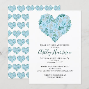 Invitación Moderno Verde azulado Blue Botanical Heart Boy Bab