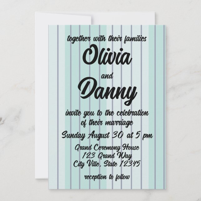 Invitación Moderno Verde azulado Blue Gray Stripes Beach Wedd (Anverso)