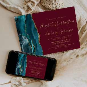 Invitación Moderno Verde azulado de oro Agate Borgoña Boda