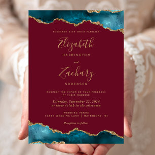 Invitación Moderno Verde azulado de oro Agate Borgoña Boda