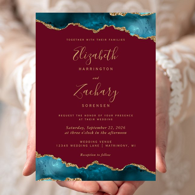 Invitación Moderno Verde azulado de oro Agate Borgoña Boda (Subido por el creador)