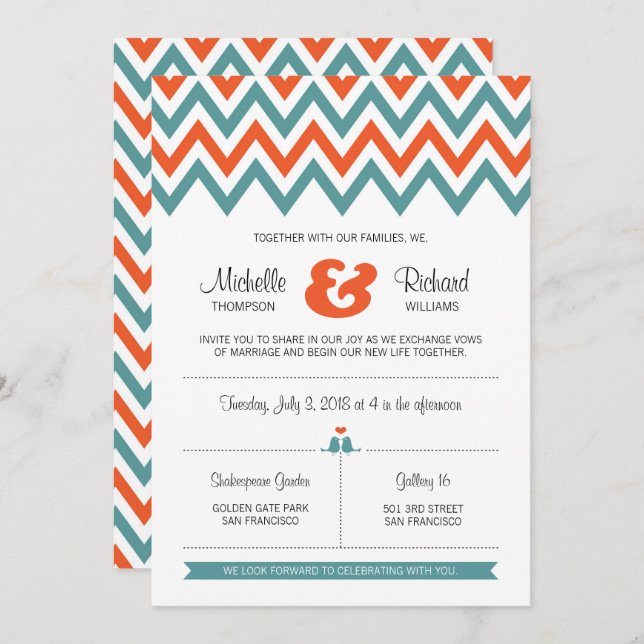 Invitación Moderno Verde azulado y Naranja Chevron & Lovebird (Anverso / Reverso)