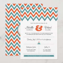 Invitación Moderno Verde azulado y Naranja Chevron & Lovebird