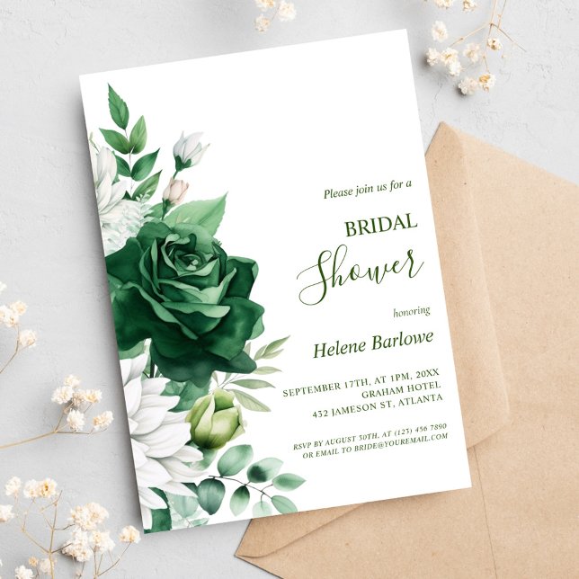 Invitación Moderno verde esmeralda elegante Floral Bridal Duc (Emerald Green Modern Elegant Floral Bridal Shower Invitation)