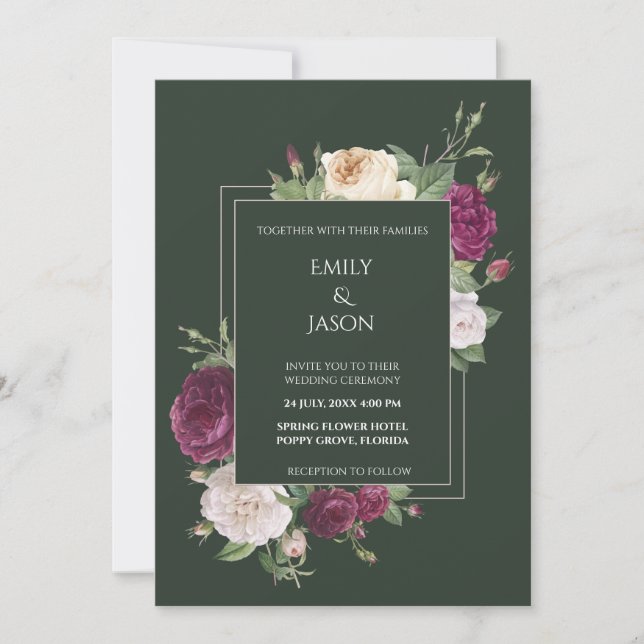 Invitación Moderno Verde Esmeralda Floral Borgoña (Anverso)