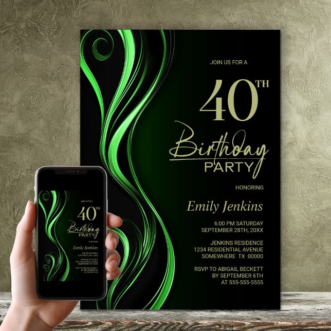 Invitación Moderno Verde Negro 40 Fiesta de cumpleaños (Subido por el creador)