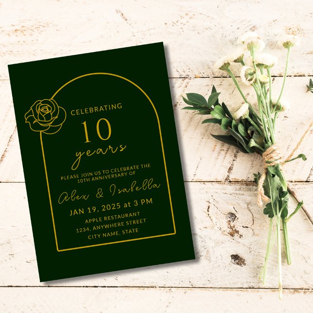 Invitación Moderno verde y oro 10° Aniversario Boda (Modern Elegant Minimalist green and gold 10 years wedding anniversary party invitation)