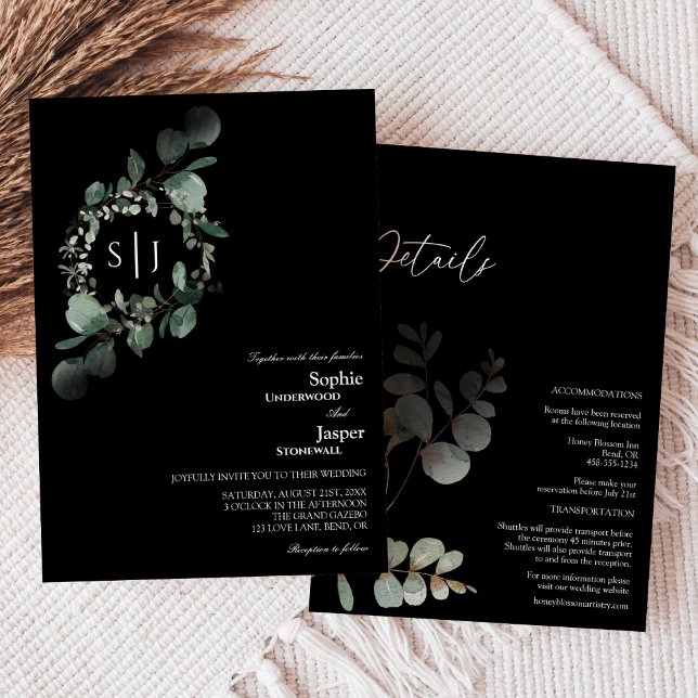 Invitación Moderno Verdor Monograma Negro Todo En Un Boda (Subido por el creador)