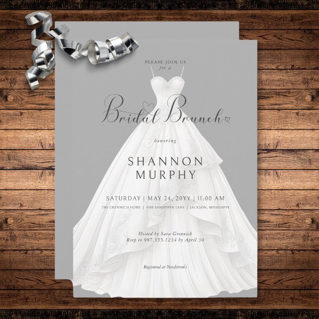 Invitación Moderno vestido Boda con brunch de novia gris (Modern Wedding Dress on Gray Bridal Brunch Invitation)