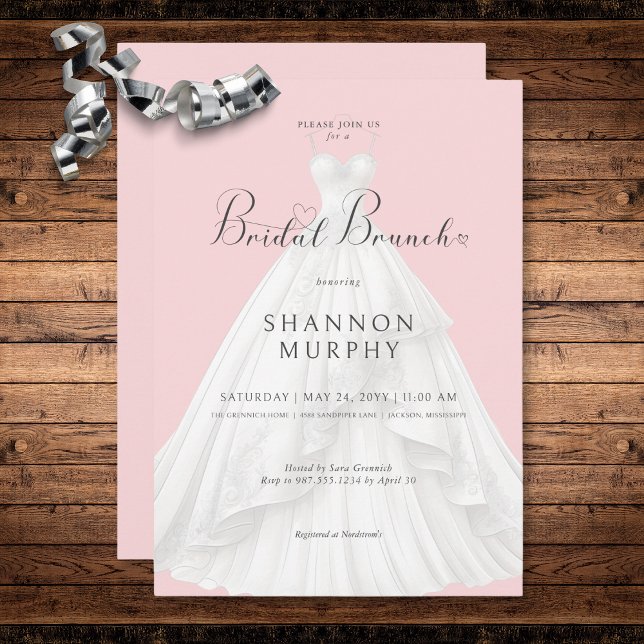 Invitación Moderno vestido Boda con brunch de novia rosa (Modern Wedding Dress on Pink Bridal Brunch Invitation)