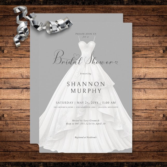 Invitación Moderno vestido Boda con ducha de novia gris (Modern Wedding Dress on Gray Bridal Shower Invitation)